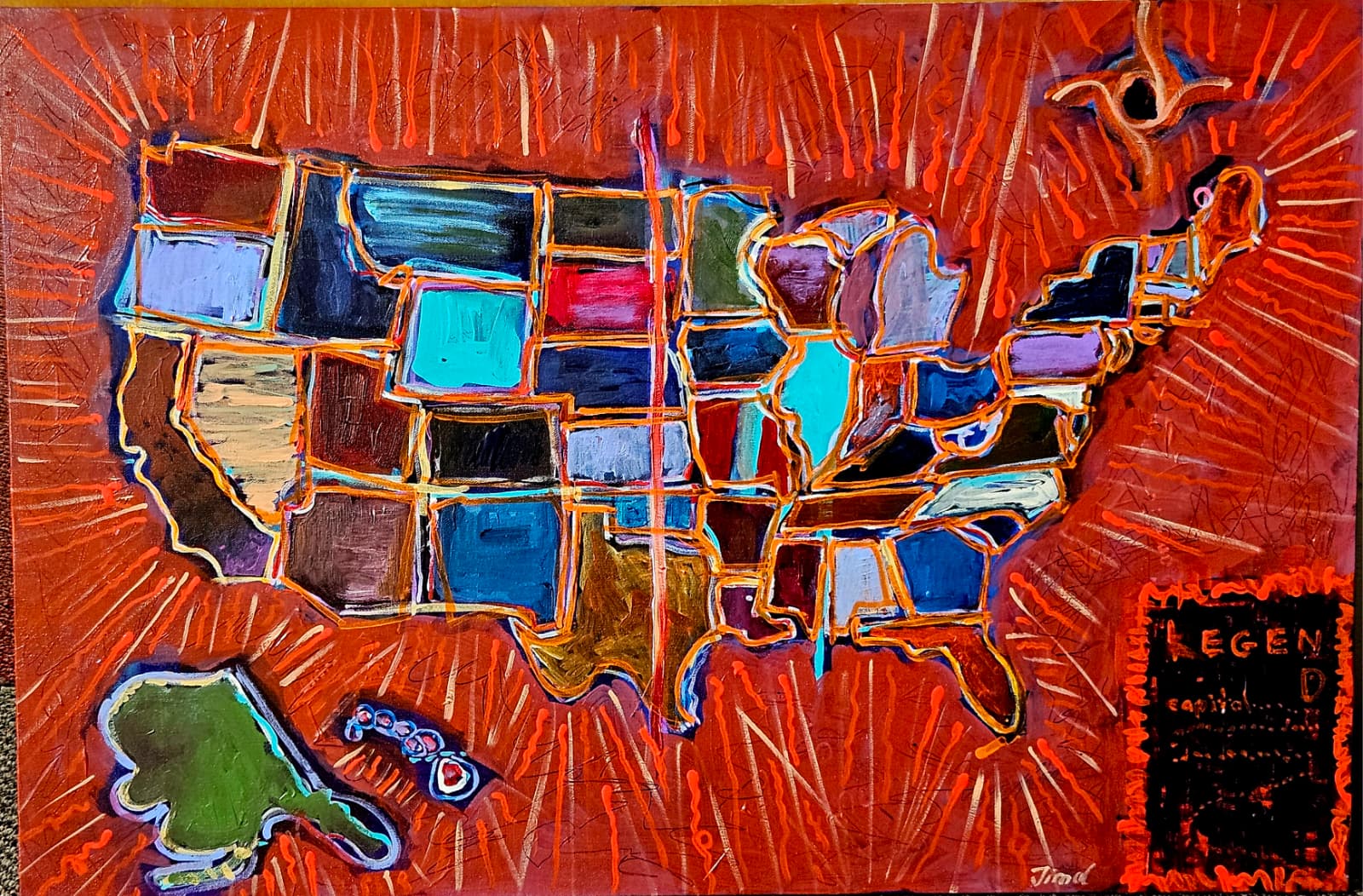 Abstract map of the United States formed by colorful, stitched-looking patches outlined in orange on a red background with a legend in the bottom right.