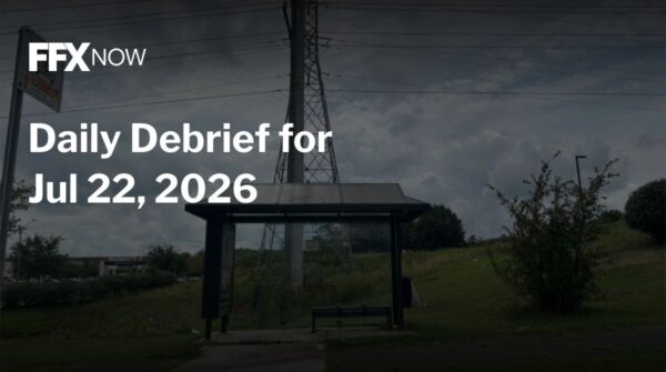 FFX Now branding with the headline 'Daily Debrief for Jul 22, 2026' over an outdoor bus shelter in a grassy area with power lines in the background.