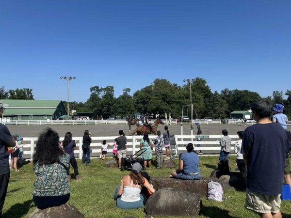 Crowd of spectators watching a horse show in an outdoor arena with riders on horses and a white fence against a blue sky