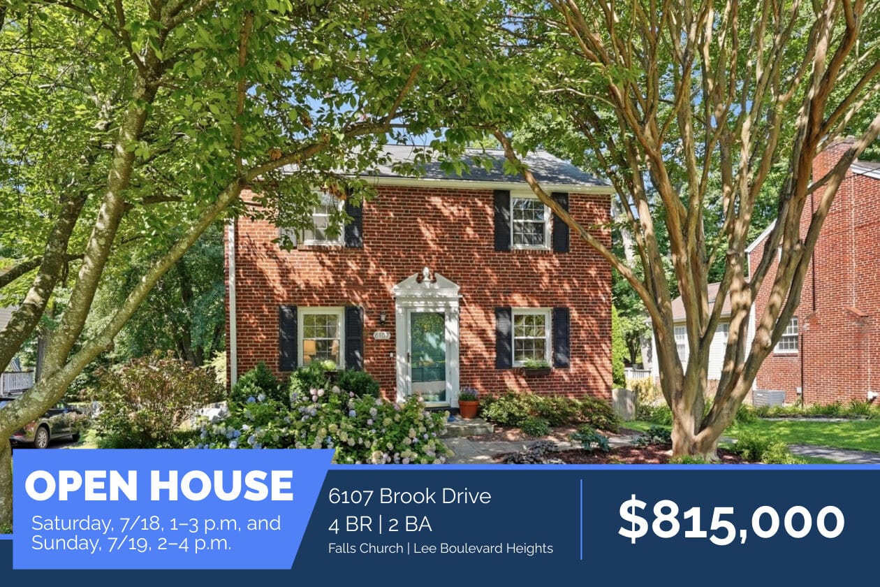 Front of a brick two-story house with black shutters and landscaped yard; bottom blue Open House banner shows 6107 Brook Drive and $815,000.