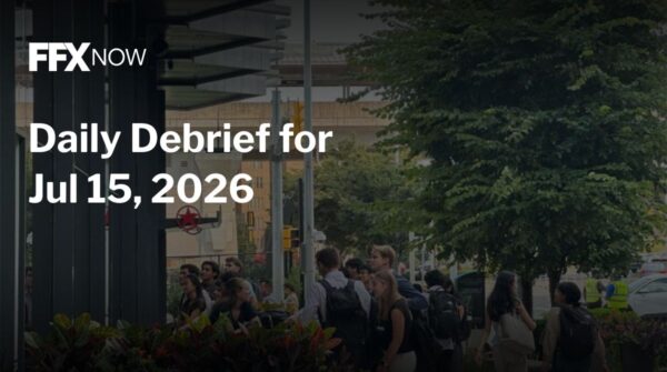 FFX Now Daily Debrief for Jul 15, 2026 over a street scene with pedestrians and trees.