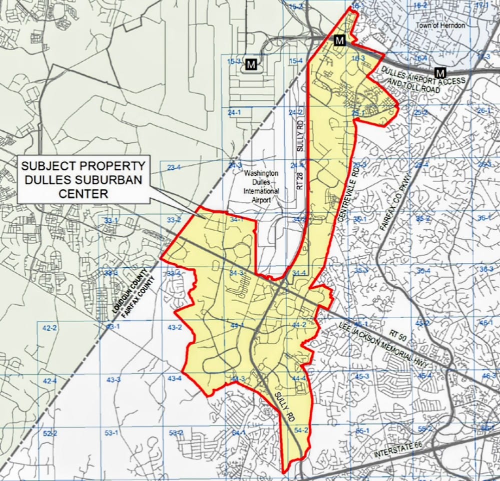 Map showing the subject property, Dulles Suburban Center, highlighted in yellow with a red boundary near Washington Dulles Airport. It shows surrounding roads and area context.