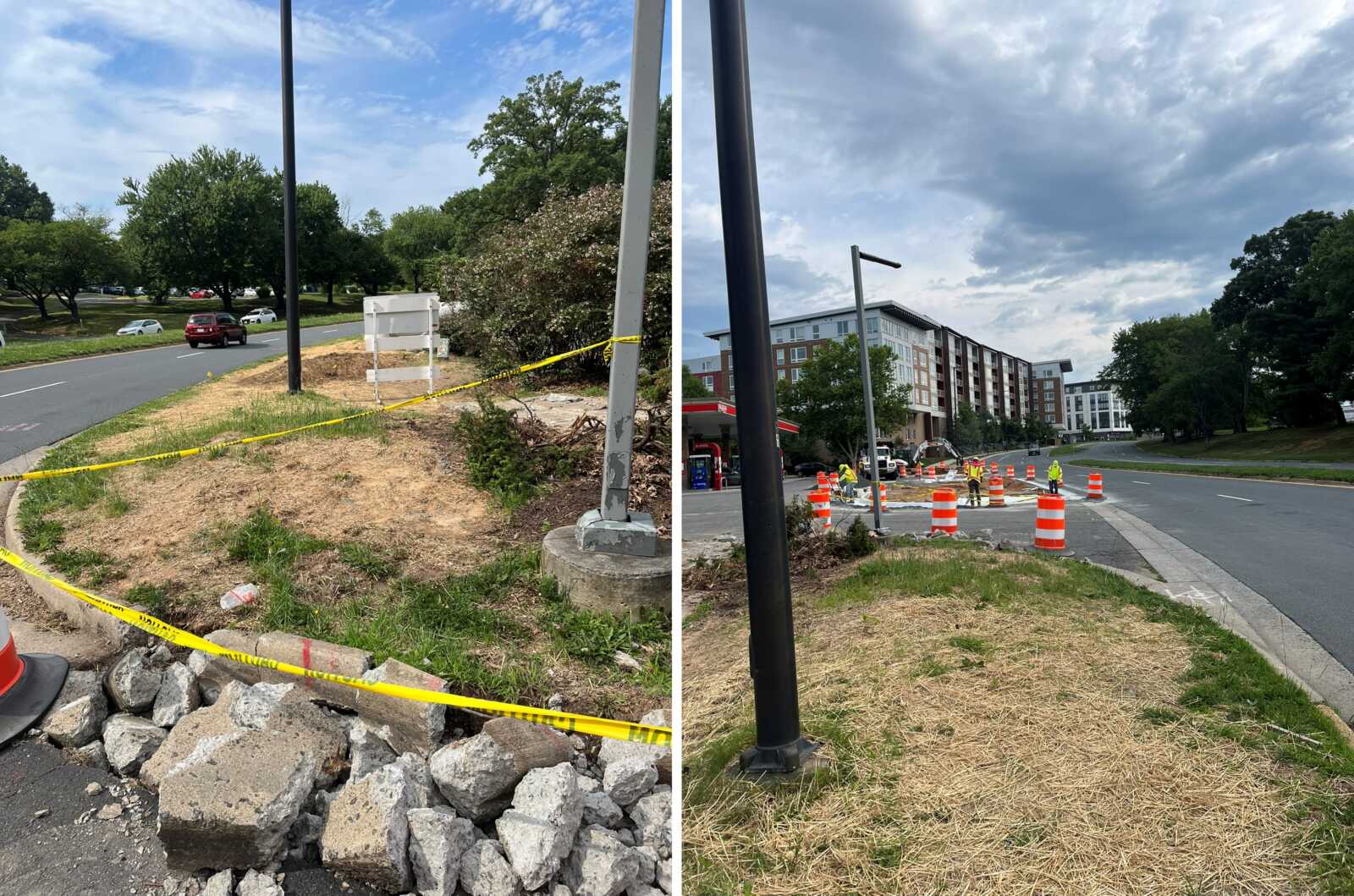Debris from removed sidewalks and construction in front of the Exxon gas station on Sunrise Valley Drive in Reston (photo provided by a Reston resident) | FFXnow