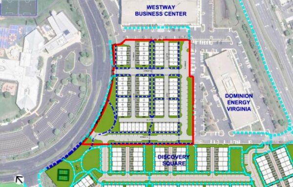 Aerial site plan showing a development with labeled blocks, roads, and surrounding properties (Westway Business Center, Dominion Energy Virginia, Discovery Square).