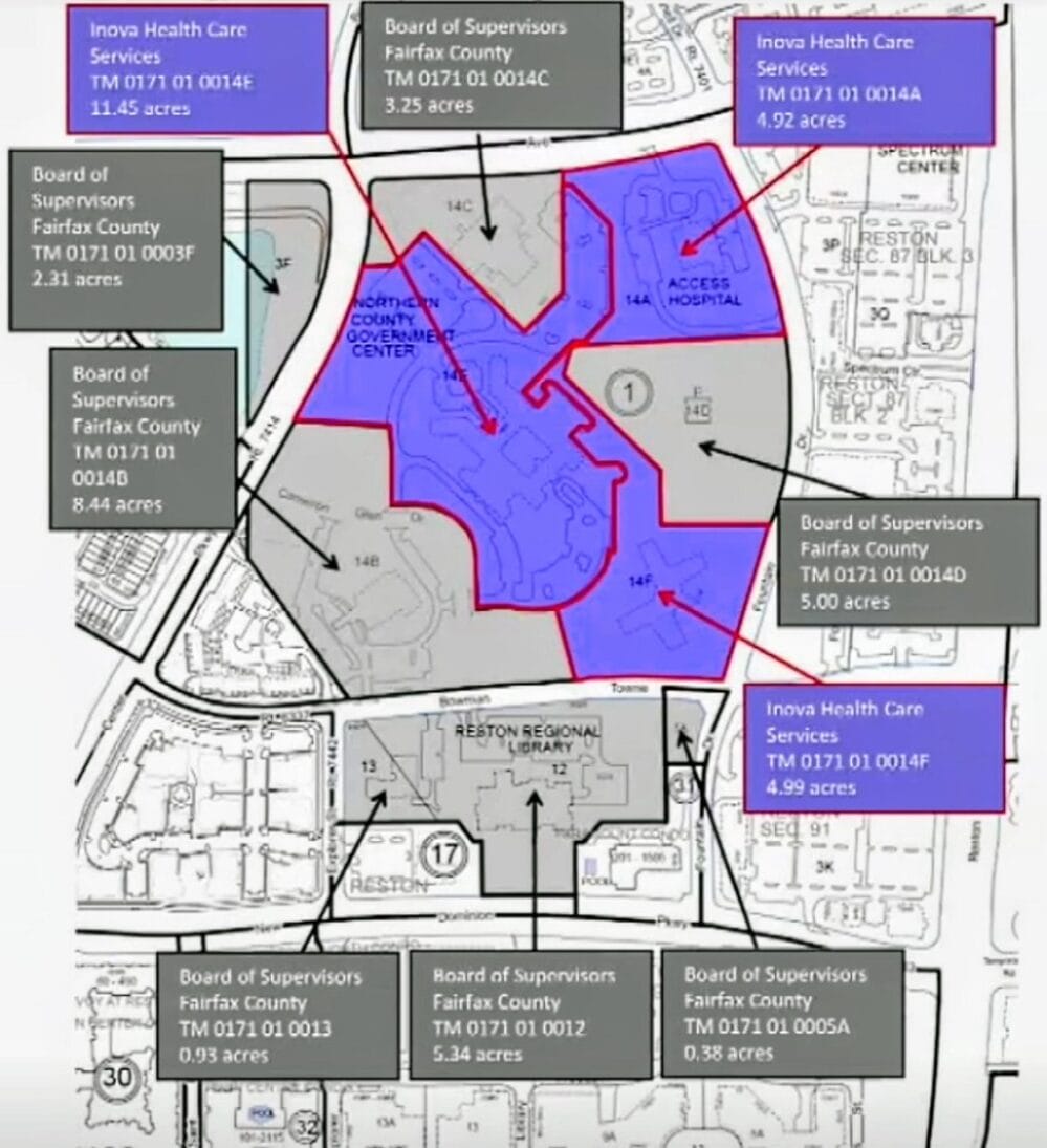 Map showing Fairfax County district boundaries with labels for Board of Supervisors and Innova Health Care parcels in colored zones (purple/blue/gray).