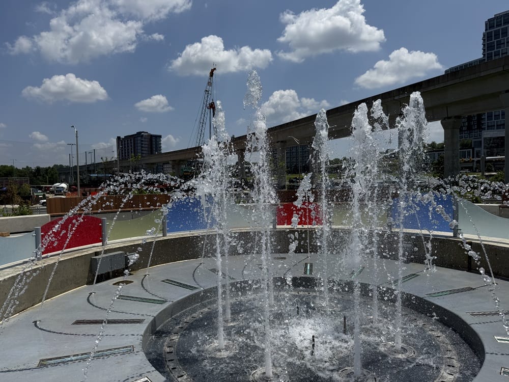 Metro Park water fountain at Capital One Center in Tysons (staff photo) | FFXnow