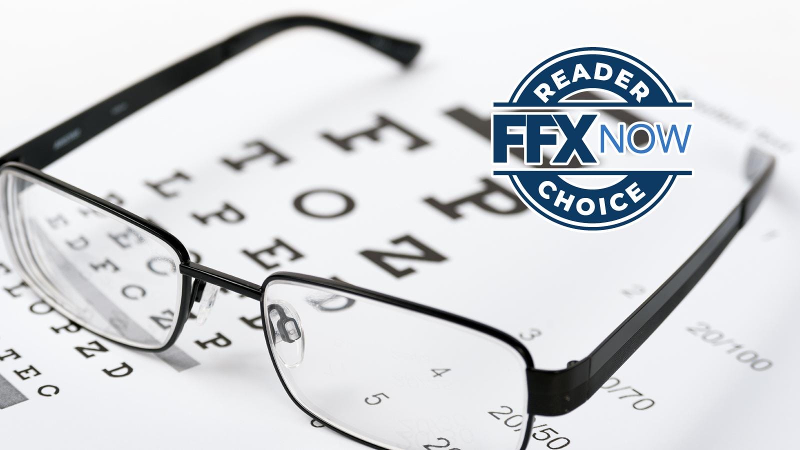 Glasses resting on an eye chart with a blue circular badge reading 'Reader Now Choice' in the foreground.