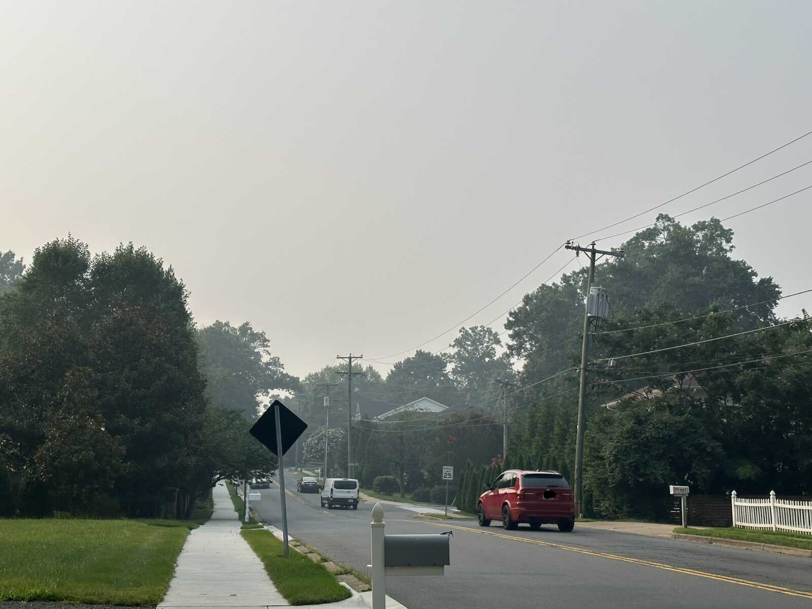 Residential street with a sidewalk, mailbox, lawns, and trees on both sides under a hazy sky with utility poles nearby.