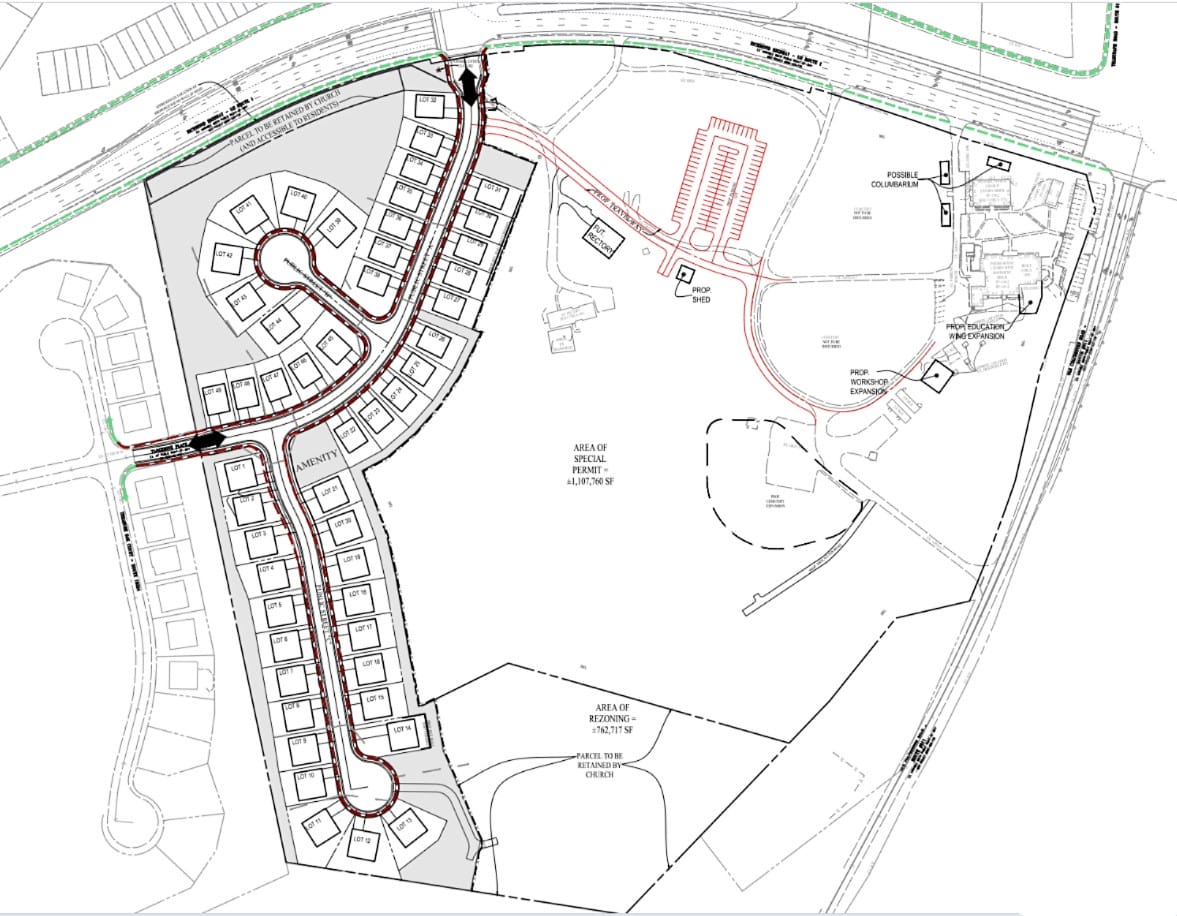 Plan for Pohick Espicopal Church site (via Urban Ltd and Fairfax County) | FFXnow Layout of a residential development with a curved road, many labeled lots, a central cul-de-sac, and an amenities area nearby.