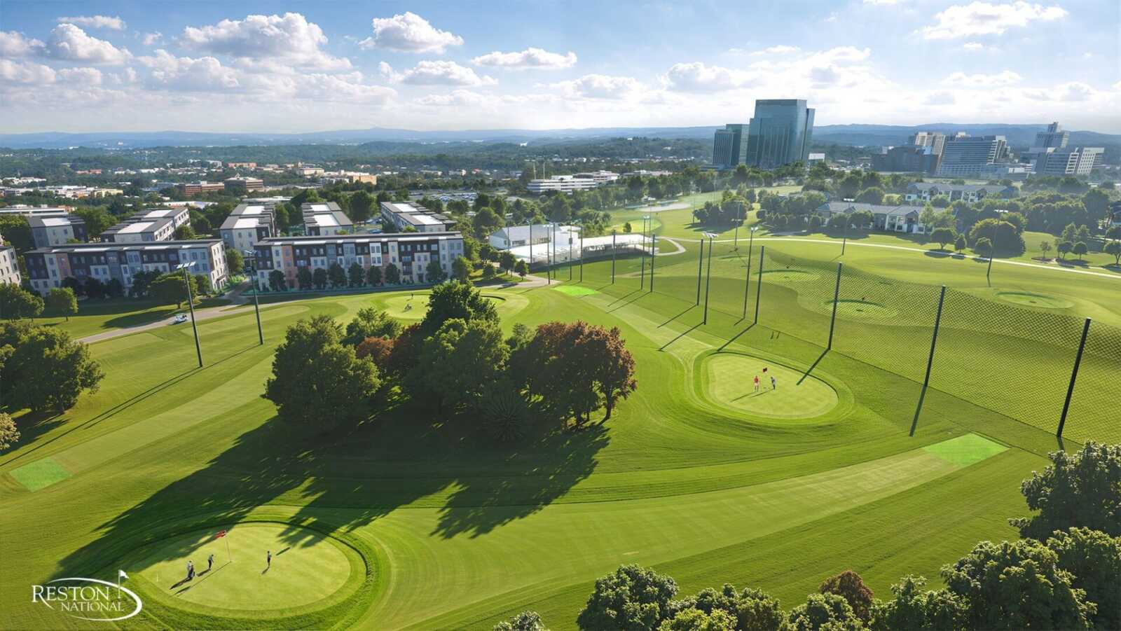 Reston National Golf Course new practice facility rendering (courtesy Reston National Golf Course) | FFXnow Aerial view of a golf course with practice nets, putting greens, and a city skyline in the distance.