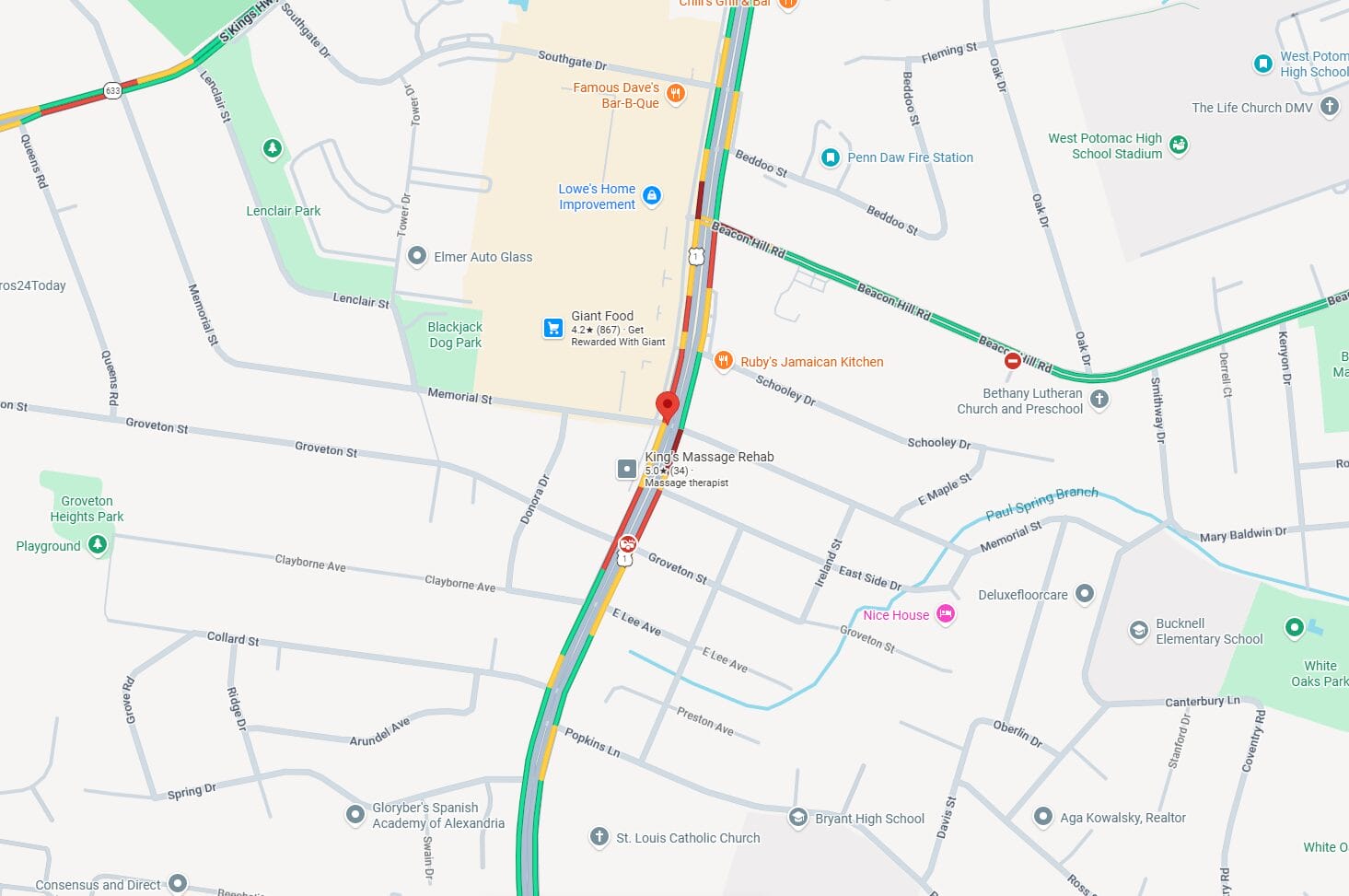 Richmond Highway at Memorial Street in Groveton (via Google Maps) | FFXnow Map showing heavy traffic along a north–south road (red/orange) with nearby landmarks like Giant Food and Ruby's Jamaican Kitchen and Bethany Lutheran Church in view.