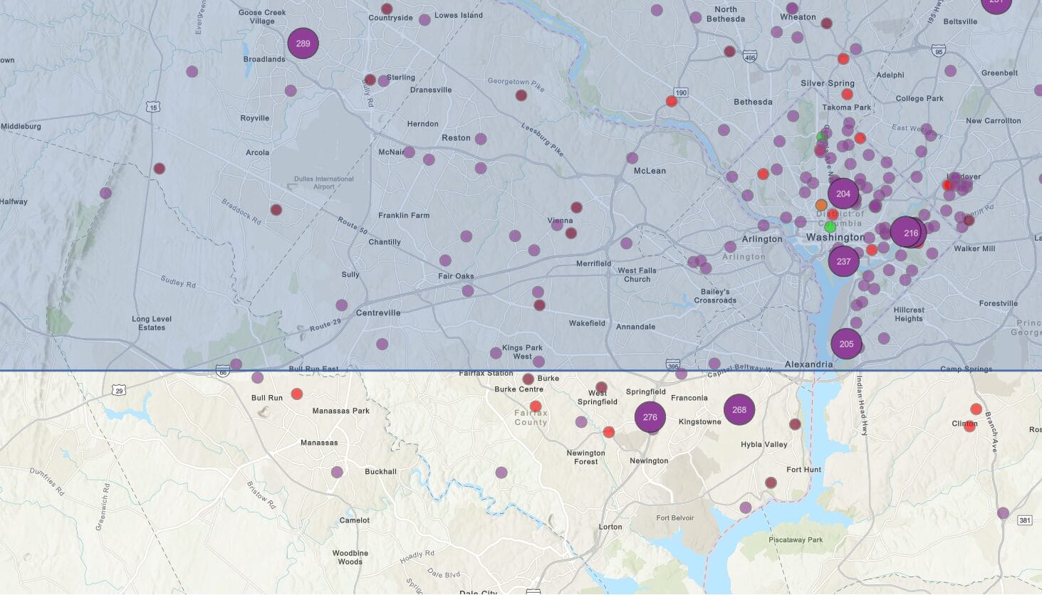 Code red to maroon air quality levels reported across the D.C. region on July 17, 2026 (via AirNow) | FFXnow Interactive map with purple circular data points and numbers representing counts, spread across the DC metro region along the Potomac River and surrounding counties.