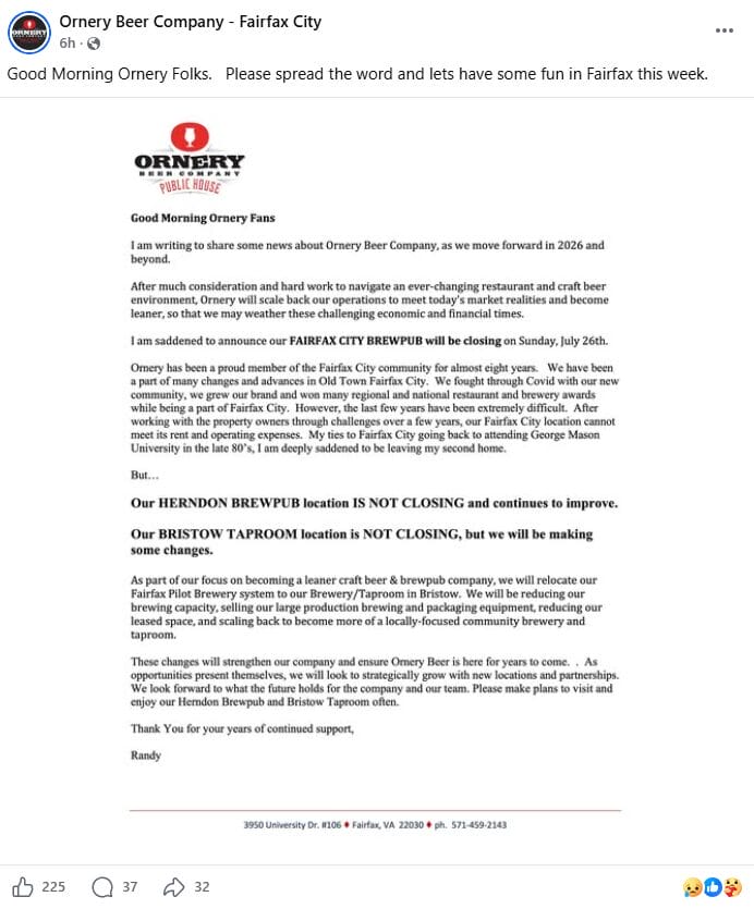 Facebook post announcing Ornery Beer Company's Fairfax brewpub closure (via Ornery Beer Company/Facebook) | FFXnow Memo from Ornery Beer Company about Fairfax City move and ongoing locations, noting closures and planned changes for 2026 and beyond.