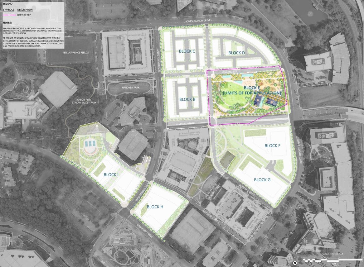 The Mile development plan with Signature Park on Block E (via VIKA Virginia/Fairfax County) | FFXnow Aerial site plan with labeled blocks B–I; Block E marked'Limits of FDP Application' inside a magenta boundary and green landscaped areas.