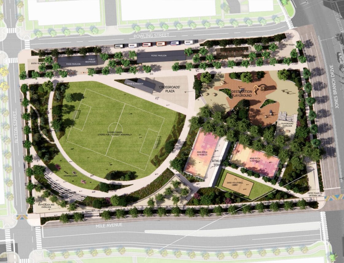 Bird's-eye view map of a city park with a large rectangular sports field, playgrounds, shaded paths, and surrounding avenues.