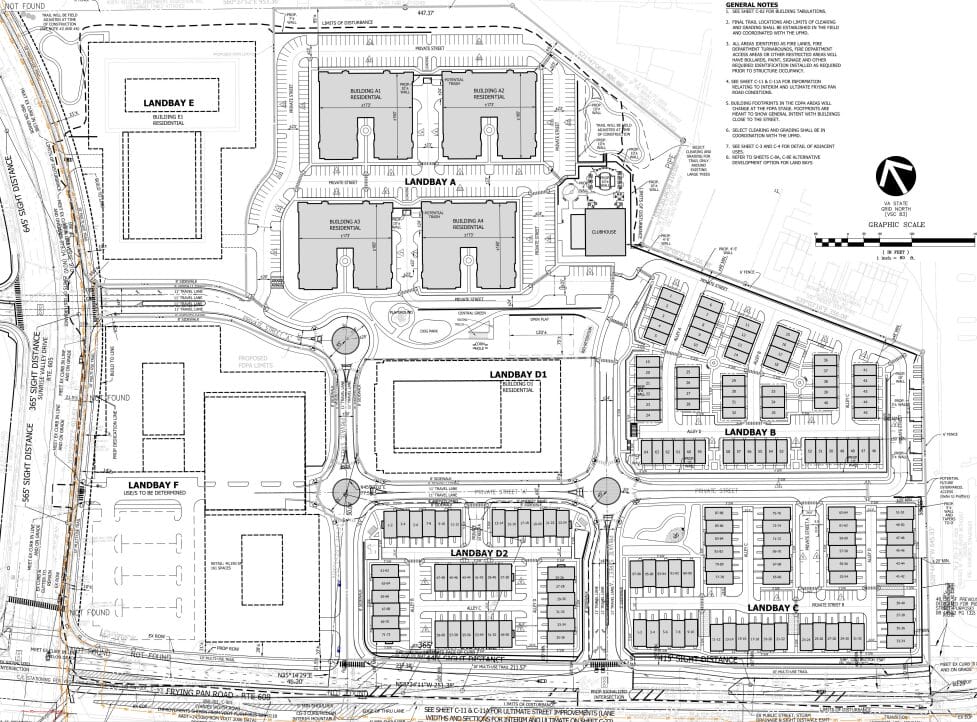 Revised conceptual development plan for Aurora Station at Dulles (via VIKA Virginia/Fairfax County) | FFXnow Detailed site plan of a residential development showing Landbay A–F, D1, D2, B and C blocks, roads, roundabouts, and building footprintsSte.