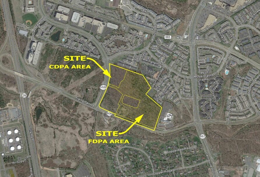 Aerial map showing a large yellow-outlined site with two labeled zones: CDPA area and FDPA area, near roads and housing developments to the northeast and southwest of the site.