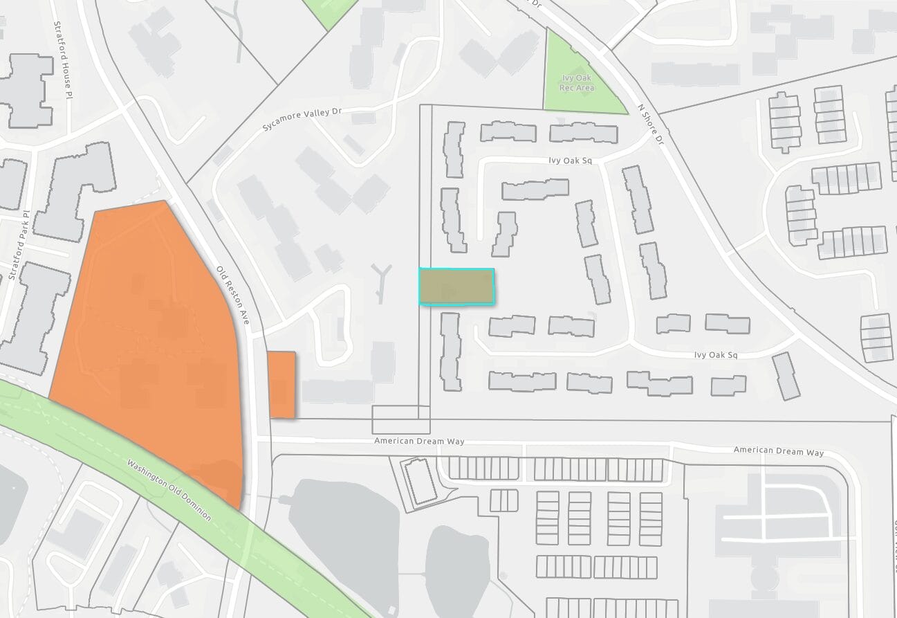 The Wiehle House shown on an interactive map of Fairfax County's Inventory of Historic Sites (via Fairfax County) | FFXnow Top-down map of a residential area with an orange parcel on the left near a green highway, and a teal-outlined rectangle marking a specific building among grey blocks.