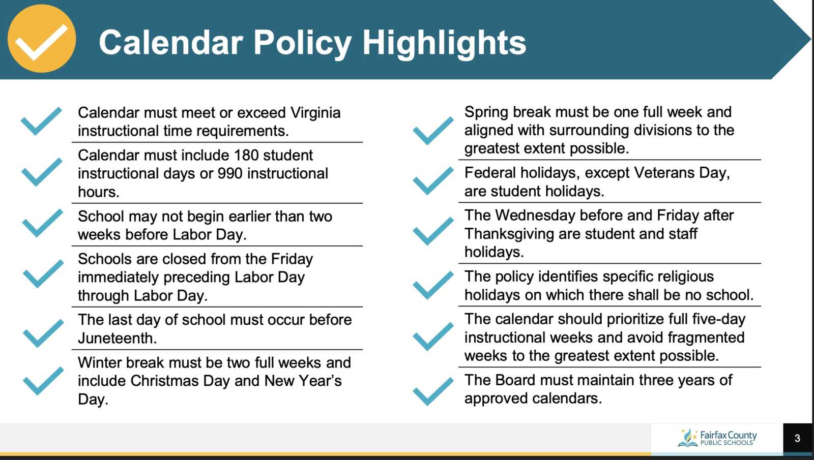 The calendar policy adopted in June 2026 by the Fairfax County School Board (via FCPS) | FFXnow Calendar Policy Highlights slide: two-column list of school calendar rules with teal check marks and a Fairfax County logo.