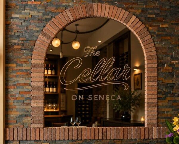 Arched brick window opening into a wine bar; the glass panel shows the scripted sign 'The Cellar on Seneca'.