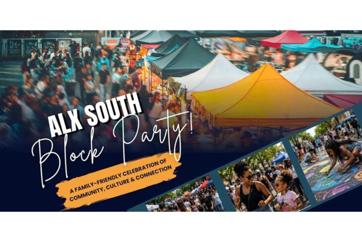 Banner for ALX South Block Party at a crowded outdoor festival with colorful tents.