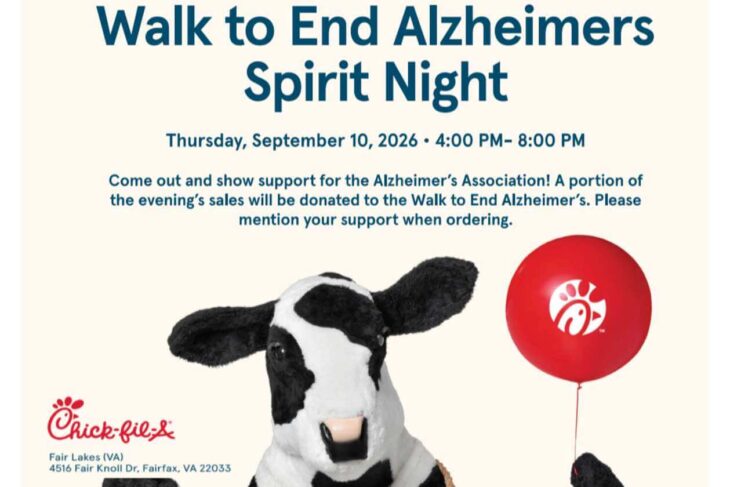 Walk to End Alzheimer's Spirit Night poster with date Sept 10, 2026; cow mascot holds a red Chick-fil-A balloon (Fair Lakes, VA).