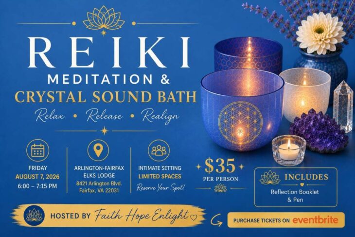 Event poster for Reiki Meditation & Crystal Sound Bath; promotes relaxation and spiritual healing with blue and gold design, candles, crystals, and lotus motif.