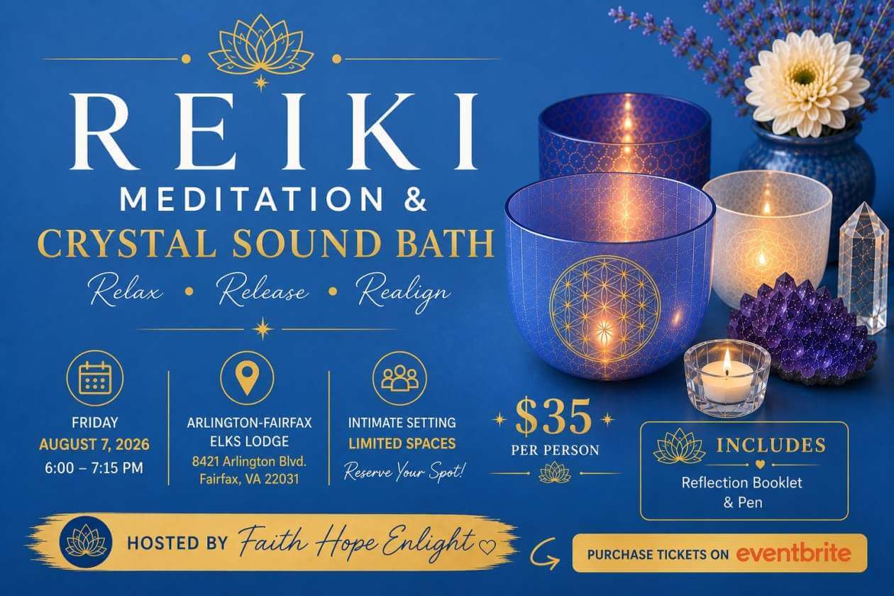 Event poster for Reiki Meditation & Crystal Sound Bath; promotes relaxation and spiritual healing with blue and gold design, candles, crystals, and lotus motif.