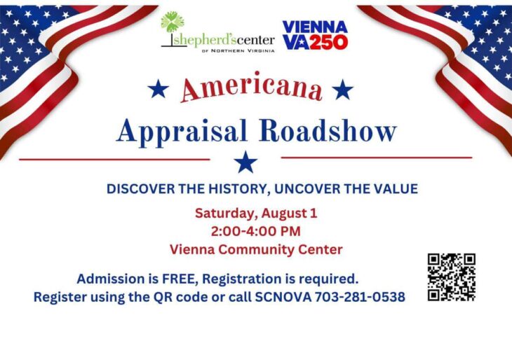 Patriotic event poster for Americana Appraisal Roadshow with date, time, location, and QR code.