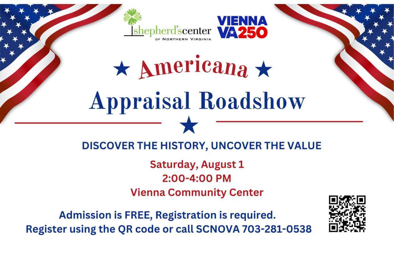 Patriotic event poster for Americana Appraisal Roadshow with date, time, location, and QR code.