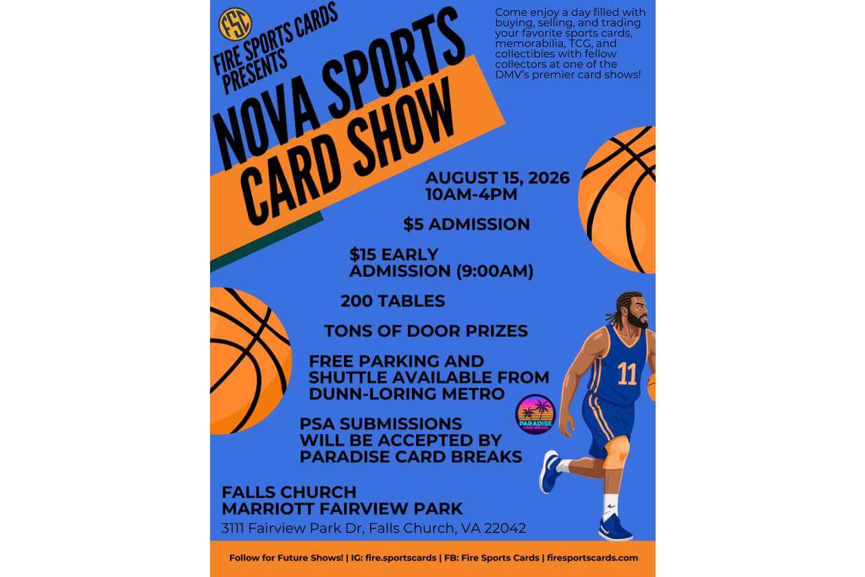 Promotional poster for Nova Sports Card Show with a blue background and basketball graphics; events details: August 15, 2026, 10am–4pm; $5 admission, $15 early admission at 9am; 200 tables and prizes; free parking and shuttle from Dunn-Loring Metro; Falls Church Marriott Fairview Park, 3111 Fairview Park Dr, Falls Church, VA 22042.