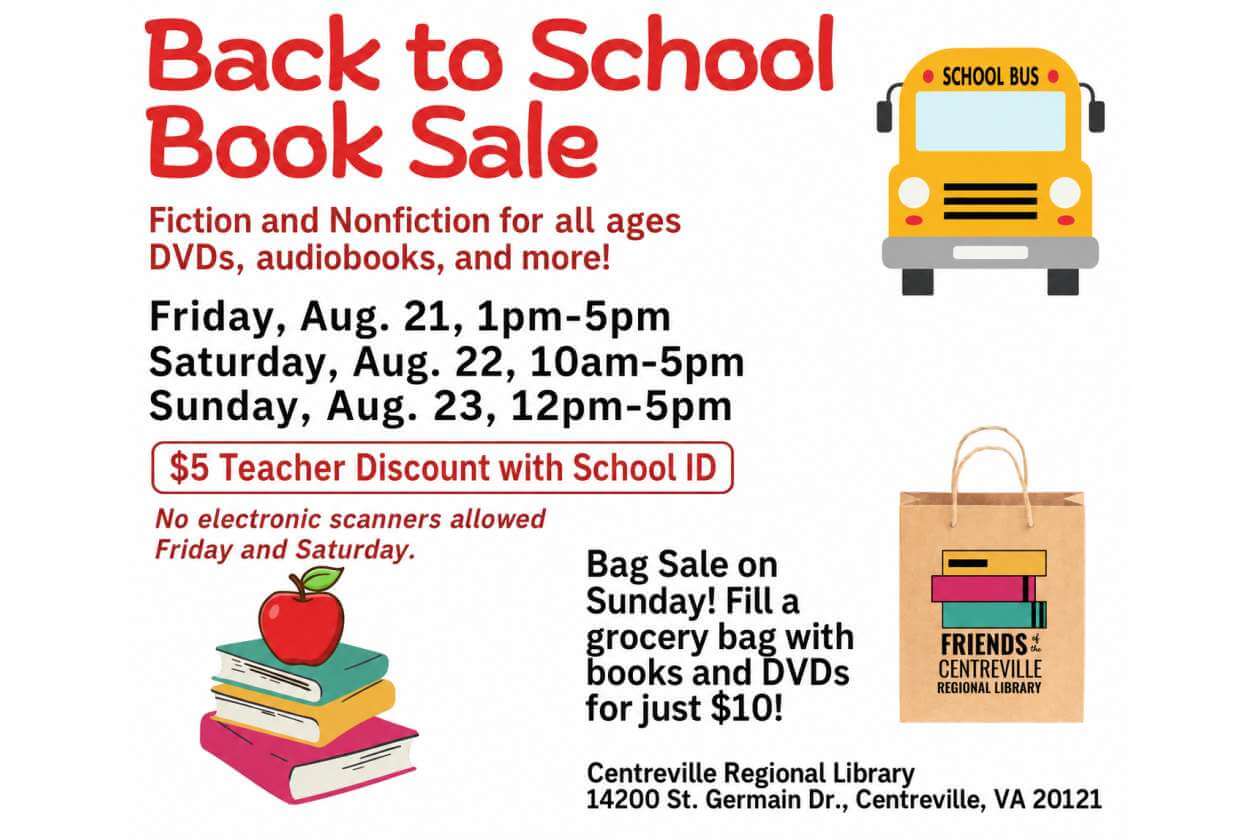 Flyer advertising a 'Back to School Book Sale' with a yellow school bus, tote bag, and stack of books; lists dates and location.