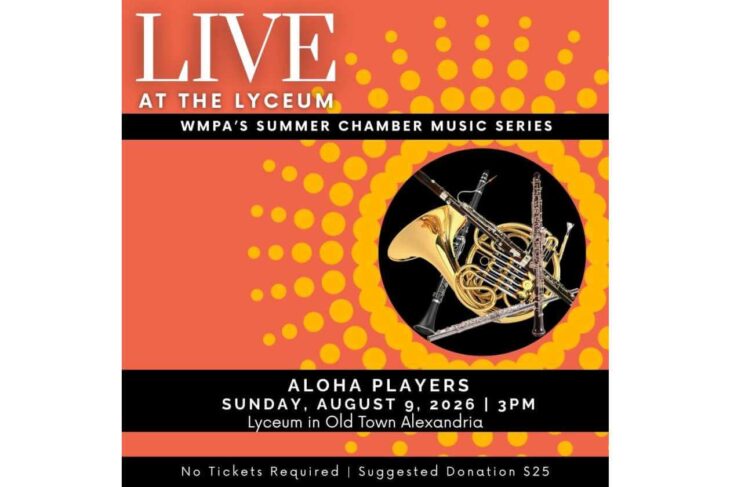Concert poster: Live at the Lyceum by Aloha Players, Aug 9, 2026, 3 PM, Lyceum in Old Town Alexandria.