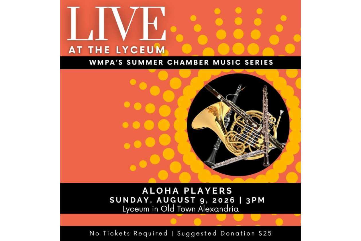 Concert poster: Live at the Lyceum by Aloha Players, Aug 9, 2026, 3 PM, Lyceum in Old Town Alexandria.