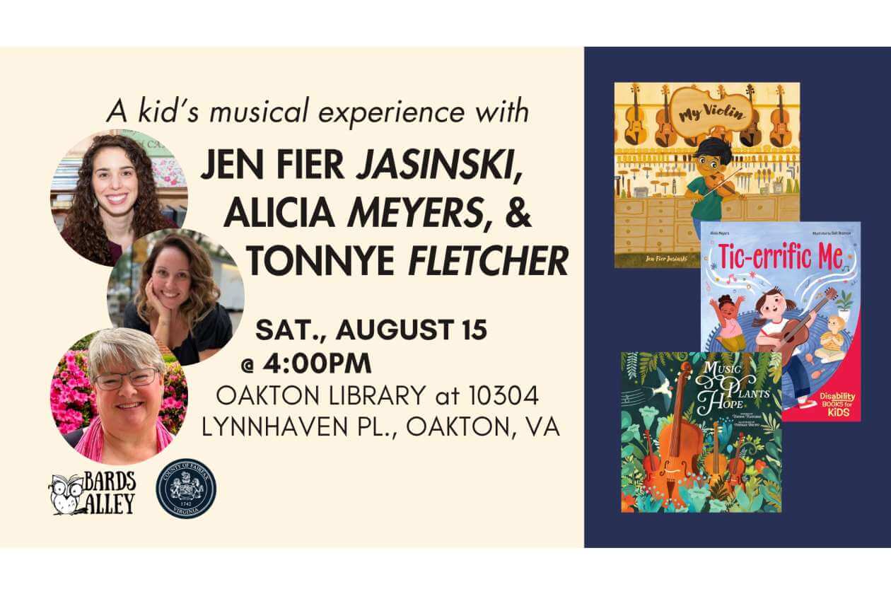 Promotional poster for a kids' musical experience with Jen Fier Jasinski, Alicia Meyers, and Tonnye Fletcher; includes event details and presenter photos on the left.