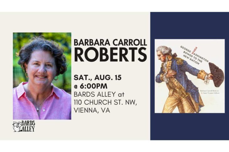 Event flyer announcing Barbara Carroll Roberts with her photo on the left and bold event details in the center; venue is Bards Alley, Vienna, VA; right panel shows a George Washington illustration.