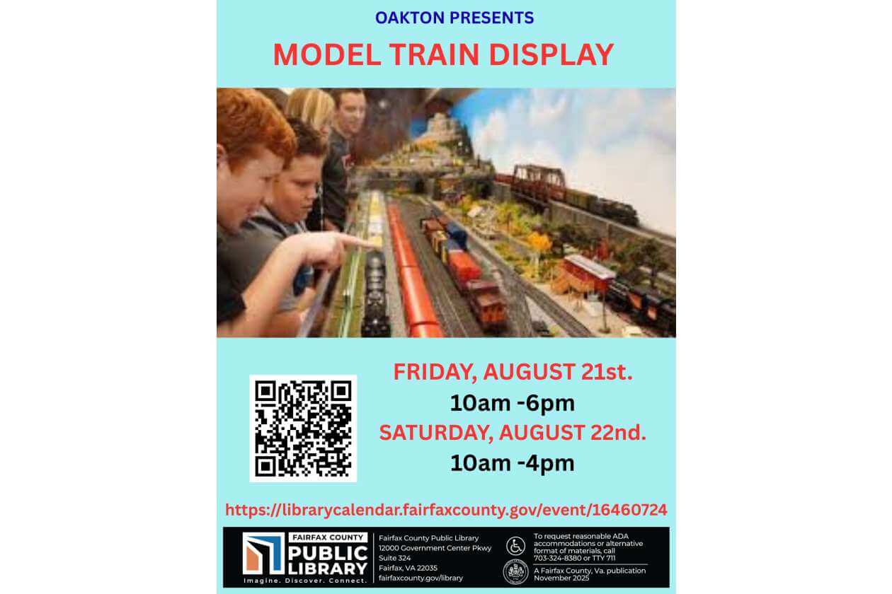 Event flyer for a model train display at Fairfax County Public Library, with a QR code and dates Aug 21–22 and times listed.