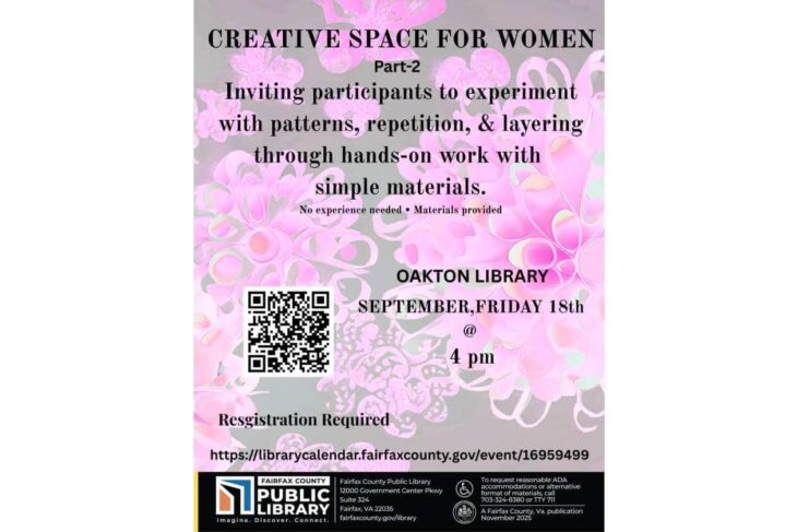 Poster for Creative Space for Women at Oakton Library; workshop on patterns and layering, Sept 18 at 4 pm; registration required.