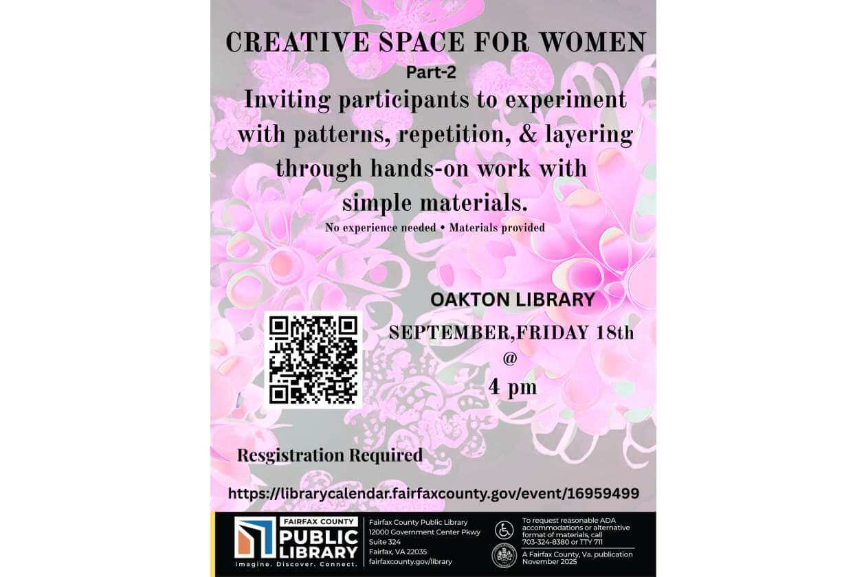 Poster for Creative Space for Women at Oakton Library; workshop on patterns and layering, Sept 18 at 4 pm; registration required.