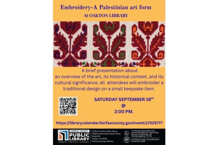 Flyer for Embroidery—A Palestinian art form at Oakton Library with a colorful geometric embroidery band and event details, date and time.