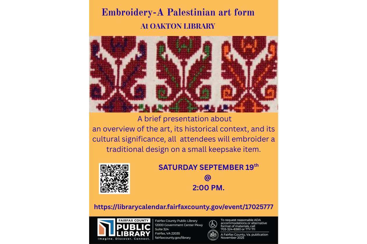 Flyer for Embroidery—A Palestinian art form at Oakton Library with a colorful geometric embroidery band and event details, date and time.
