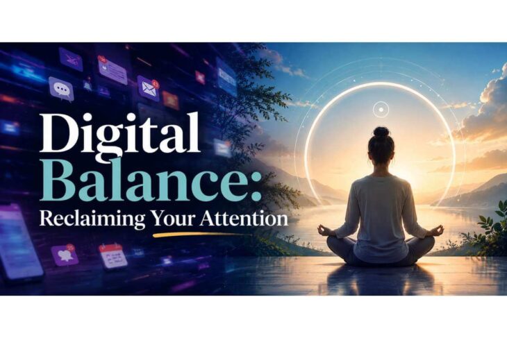 Person meditating by a lakeside at sunset with a glowing circular aura, signaling digital balance and reclaimed attention.