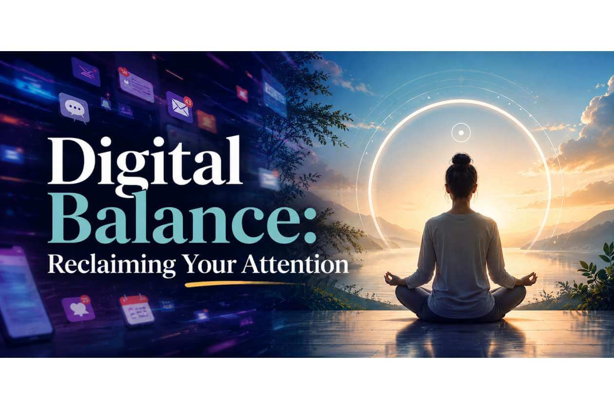 Person meditating by a lakeside at sunset with a glowing circular aura, signaling digital balance and reclaimed attention.