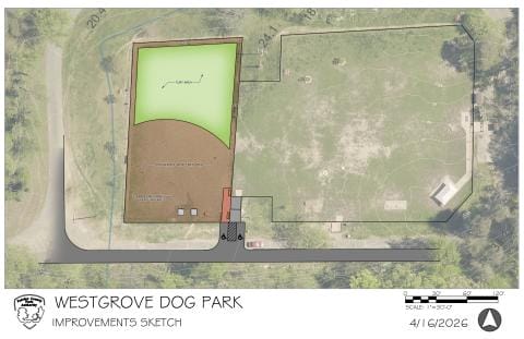 Aerial site plan of Westgrove Dog Park improvements: green turf area, brown dirt play zone, entry path, surrounding fence, scale bar, date 4/6/2026.