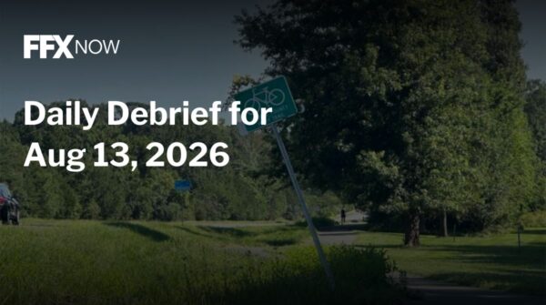 FFX NOW Daily Debrief for Aug 13, 2026, over a park with a tilted bike sign