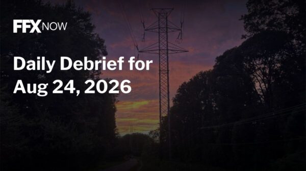 FFX Now: Daily Debrief for Aug 24, 2026 over a sunset scene with a power line tower and trees in a rural setting.