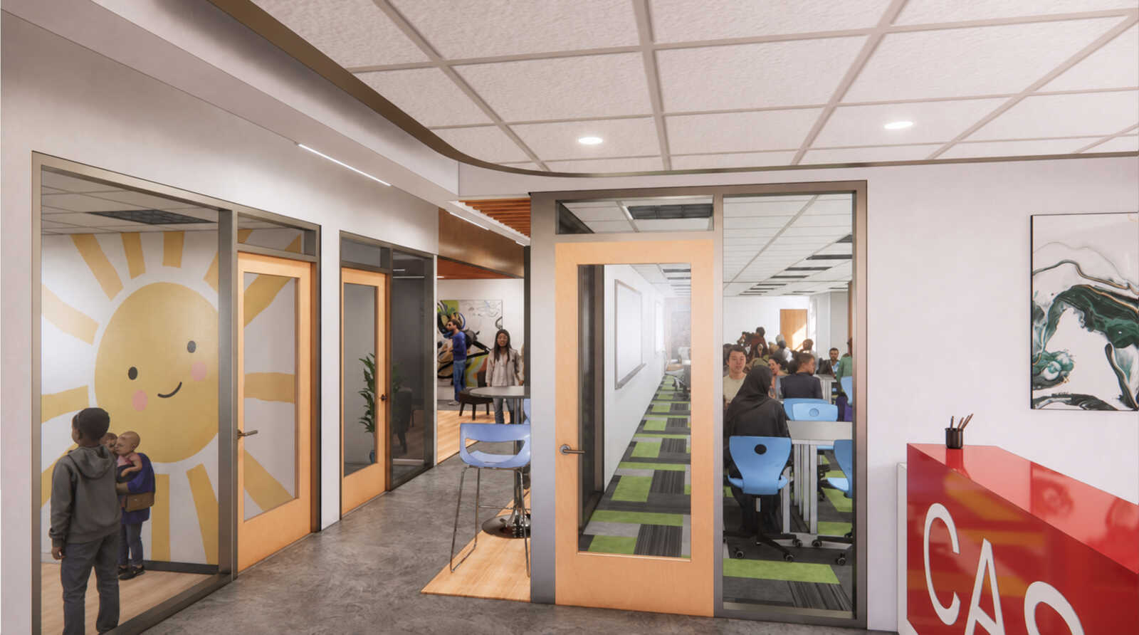 Rendering of the inside of a modern looking building, with a conference room that has a glass door, table, and green rug. From the side, the hallway and two doors are visible.