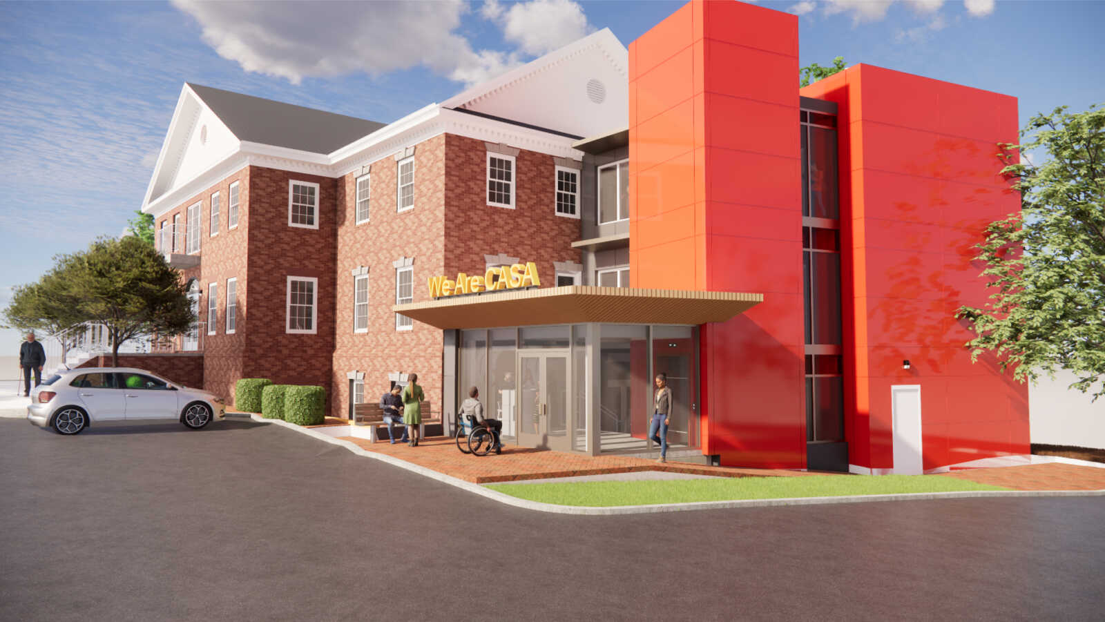 A rendering of an orange and brown building, with the parking lot visible in the front.