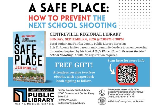 Poster advertising book 'A Safe Place' about preventing the next school shooting; features book cover and event details at Centreville Regional Library.