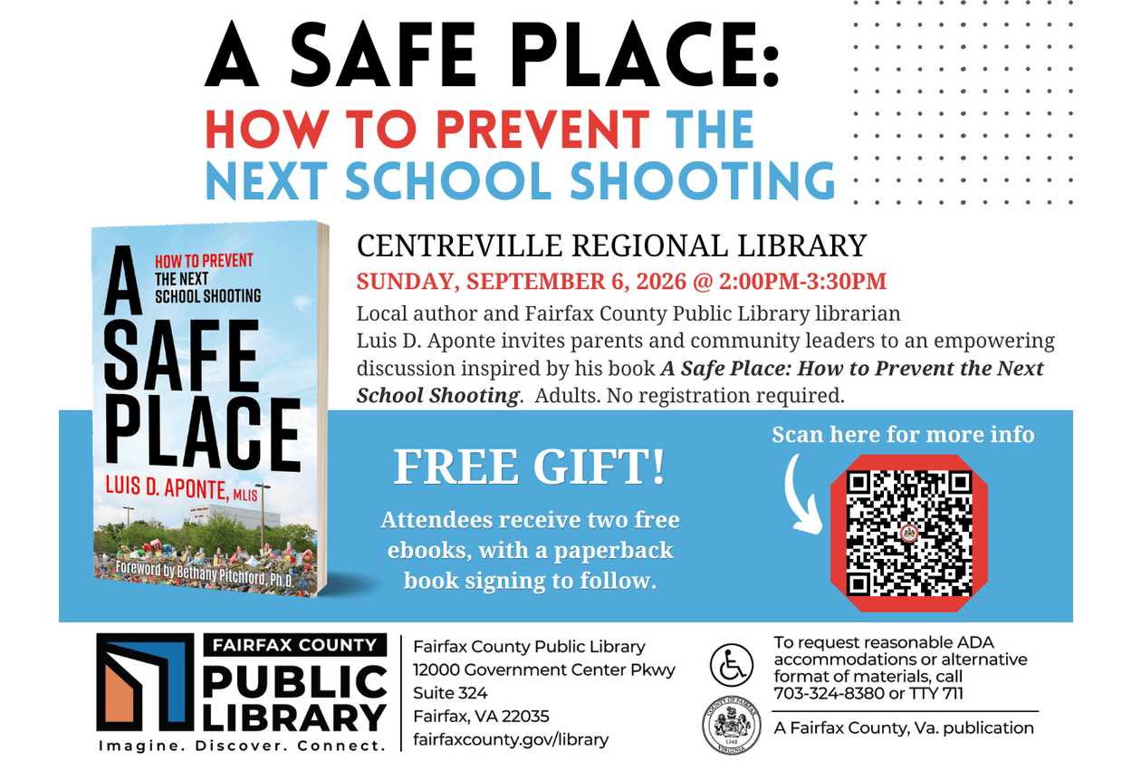 Poster advertising book 'A Safe Place' about preventing the next school shooting; features book cover and event details at Centreville Regional Library.
